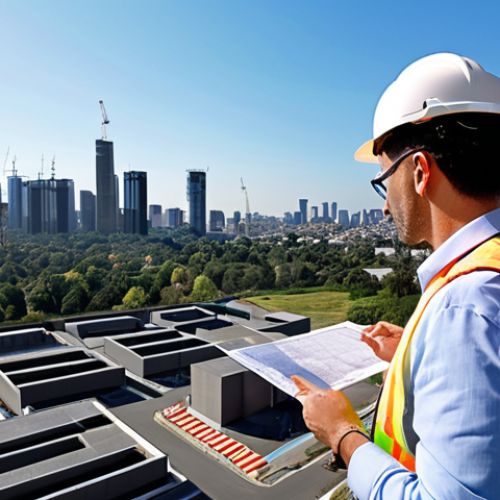 Home 19 **
A surveyor using a drone to survey land with modern buildings in the background. The scene should emphasize technological advancements and legal responsibility, creating a sense of challenge and innovation within the land surveying field. Focus on a sunny day with clear visibility.
**