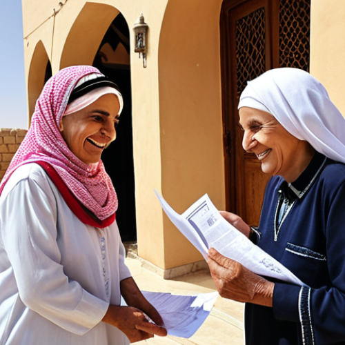 Home 18 ** A land surveyor, smiling, handing property ownership documents to a smiling elderly Arab woman in traditional dress. Background: A well-kept traditional Middle Eastern home. Focus on the woman's sense of relief and joy. (Keywords: Property rights, Elderly woman, Middle East, Land surveyor, Security, Joy)
**