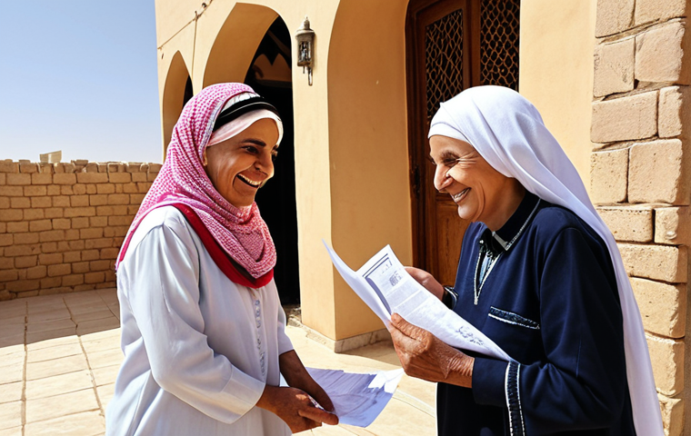 ** A land surveyor, smiling, handing property ownership documents to a smiling elderly Arab woman in traditional dress. Background: A well-kept traditional Middle Eastern home. Focus on the woman's sense of relief and joy. (Keywords: Property rights, Elderly woman, Middle East, Land surveyor, Security, Joy)
**