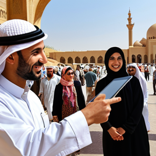 Home 17 **A bustling tourism scene in an Arab city. A smiling tour guide, using a tablet, interacts with tourists from diverse backgrounds, pointing towards historical landmarks. Focus on the integration of modern technology with traditional cultural elements, showing efficient time management and problem-solving skills.**