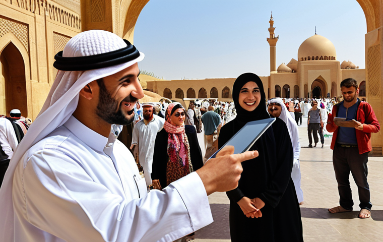 **A bustling tourism scene in an Arab city. A smiling tour guide, using a tablet, interacts with tourists from diverse backgrounds, pointing towards historical landmarks. Focus on the integration of modern technology with traditional cultural elements, showing efficient time management and problem-solving skills.**