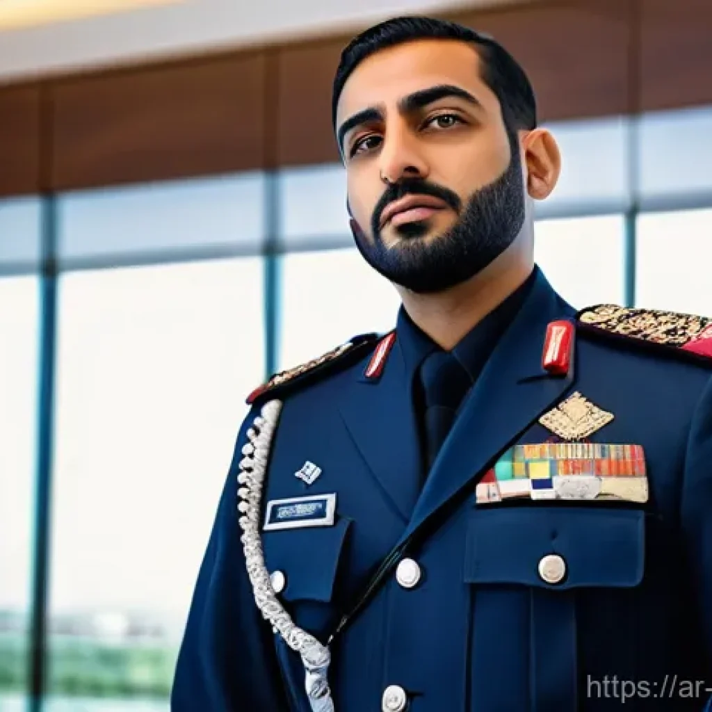 경비지도사로 성공한 사람들의 이야기 - **Prompt:** A highly professional and composed Arab security guard, male, in his late 30s, wearing a...
