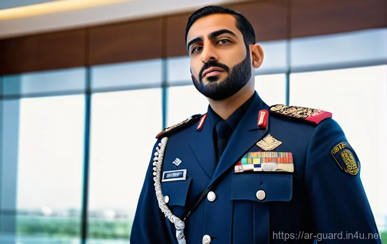 경비지도사로 성공한 사람들의 이야기 - **Prompt:** A highly professional and composed Arab security guard, male, in his late 30s, wearing a...