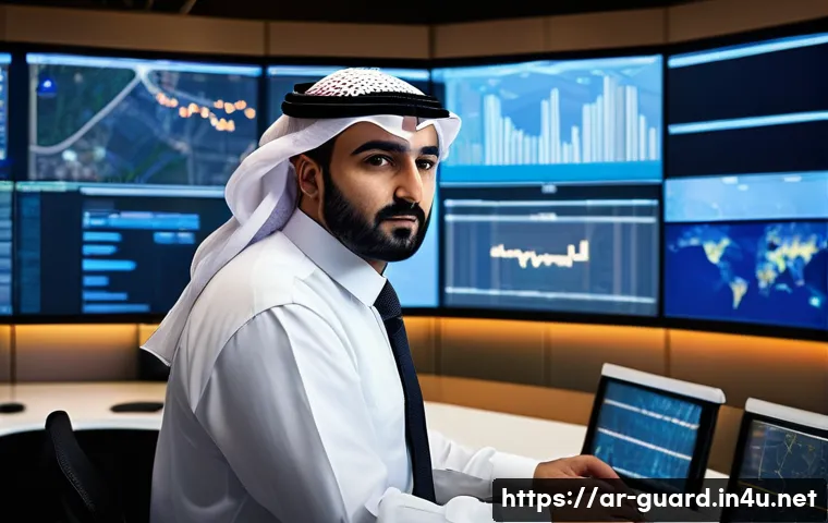 경비지도사 직업으로의 진입 장벽 - **Prompt:** A highly detailed image of a modern security control room in a bustling Middle Eastern c...