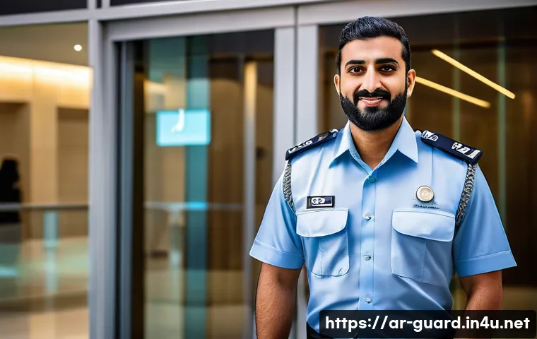 경비지도사로 경력을 쌓는 중요성 - A professional Arabic security guard in his late 30s wearing a neat uniform with a name badge, stand...