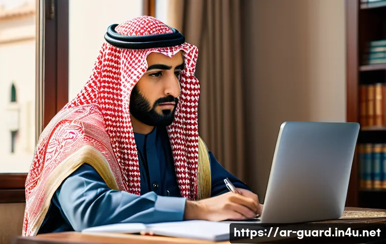 경비지도사 기출문제 학습법 - A focused Arab male security guard studying at a modern desk in a cozy, well-lit room decorated with...