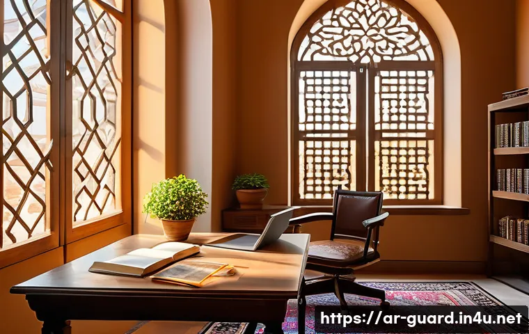 경비지도사 시험 준비에 적합한 장소 - A serene Arabic study room bathed in warm natural sunlight streaming through a large window, featuri...