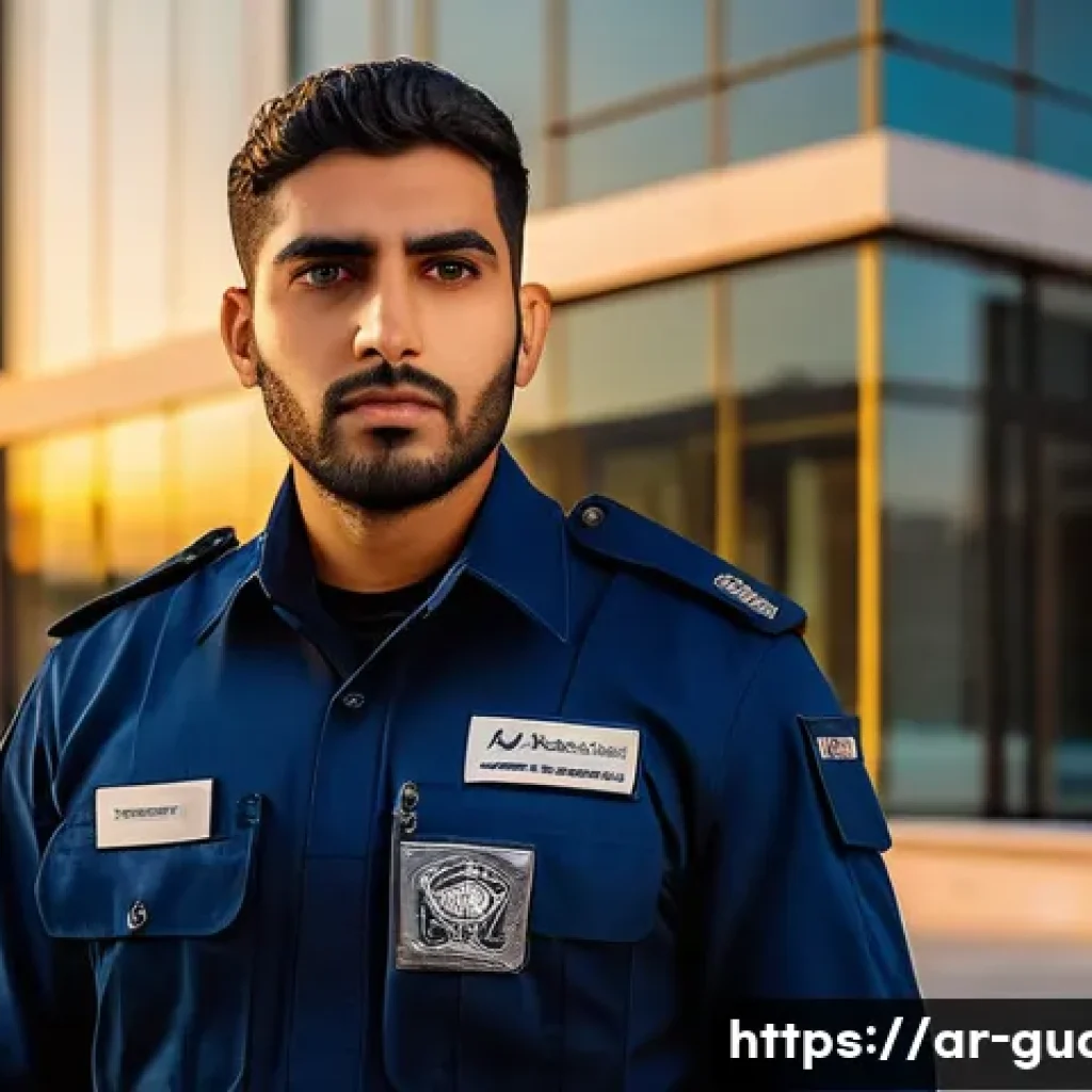 경비지도사 시험에서 주의할 점 - A professional Middle Eastern male security officer in his late 20s, dressed in a neat dark blue sec...