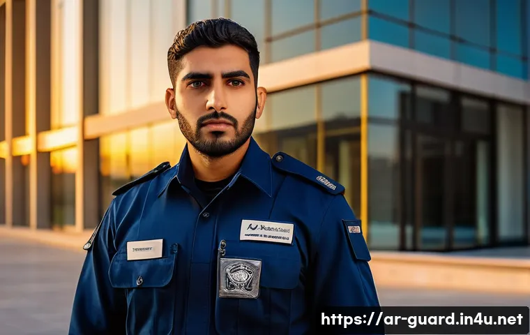경비지도사 시험에서 주의할 점 - A professional Middle Eastern male security officer in his late 20s, dressed in a neat dark blue sec...