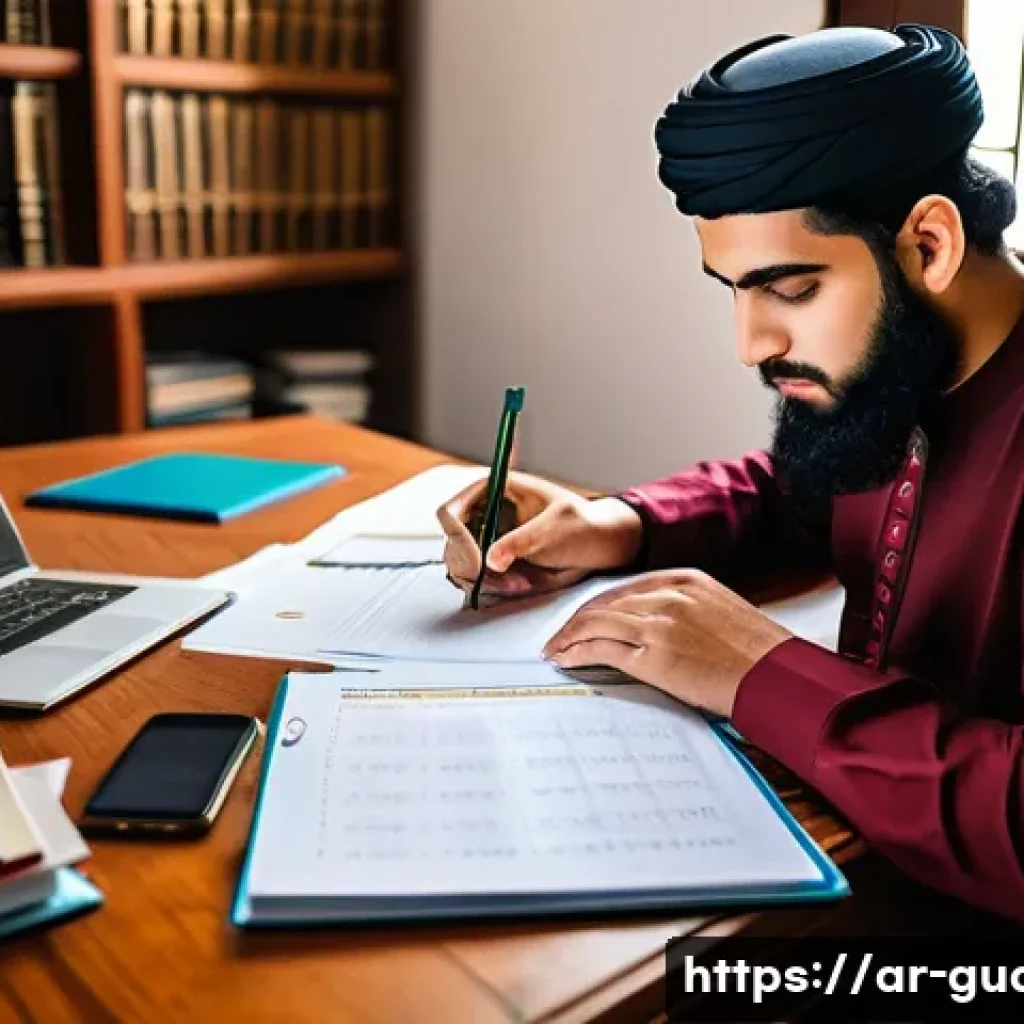 경비지도사 필기 합격 전략 - A detailed scene showing a Middle Eastern young adult student studying at a traditional wooden desk,...