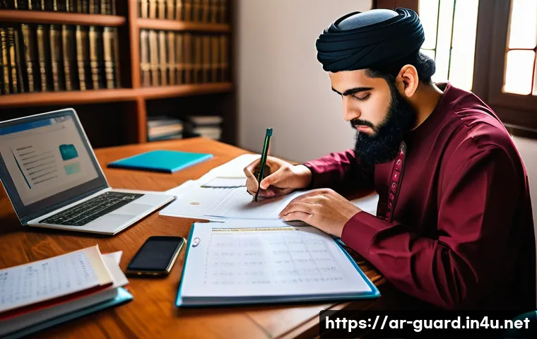 경비지도사 필기 합격 전략 - A detailed scene showing a Middle Eastern young adult student studying at a traditional wooden desk,...