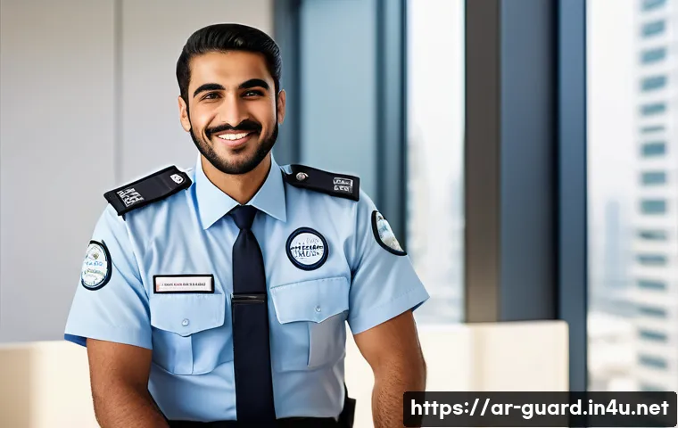 경비지도사 면접 준비 팁 - A professional Middle Eastern male security guard candidate preparing for a job interview in a moder...