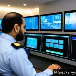 Home 22 경비지도사 실무 지식 강화 방법 - A professional Middle Eastern security guard wearing a modern uniform with a smart security badge, a...