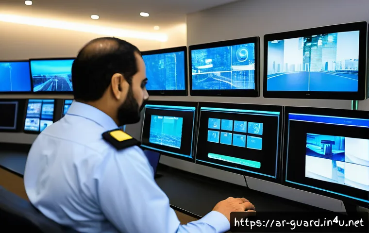 경비지도사 실무 지식 강화 방법 - A professional Middle Eastern security guard wearing a modern uniform with a smart security badge, a...