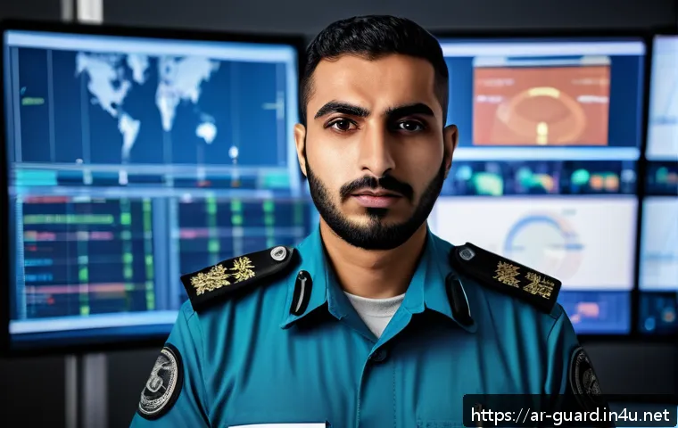 경비지도사 경력관리 전략 - A professional Middle Eastern male security guard wearing a modern uniform with a visible badge and ...