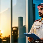 Home 20 경비지도사 법률 관련 이론 공부법 - A professional Middle Eastern male security guard in uniform, standing confidently in front of a mod...