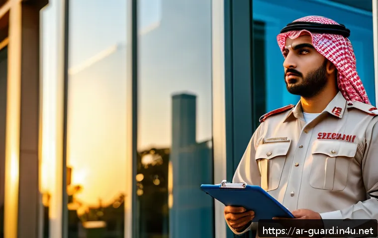 경비지도사 법률 관련 이론 공부법 - A professional Middle Eastern male security guard in uniform, standing confidently in front of a mod...