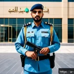 Home 19 경비지도사 자격증으로 할 수 있는 일 - A professional Arabic male security guard wearing a neat uniform and visible ID badge, standing conf...