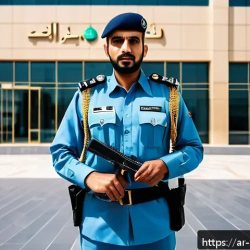 Home 31 경비지도사 자격증으로 할 수 있는 일 - A professional Arabic male security guard wearing a neat uniform and visible ID badge, standing conf...