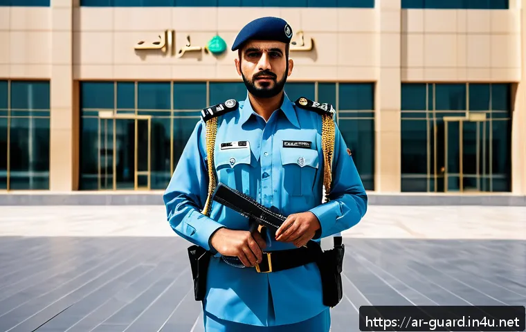 경비지도사 자격증으로 할 수 있는 일 - A professional Arabic male security guard wearing a neat uniform and visible ID badge, standing conf...