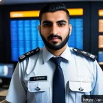 Home 18 경비지도사 실무 경험 쌓는 방법 - A professional security guard in a modern Middle Eastern urban setting, wearing a neatly pressed uni...