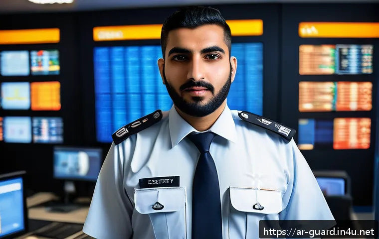 경비지도사 실무 경험 쌓는 방법 - A professional security guard in a modern Middle Eastern urban setting, wearing a neatly pressed uni...