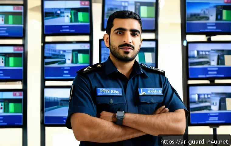 경비지도사 자격증으로 전문성 높이기 - A professional Middle Eastern male security supervisor in his early 30s, wearing a crisp dark blue s...