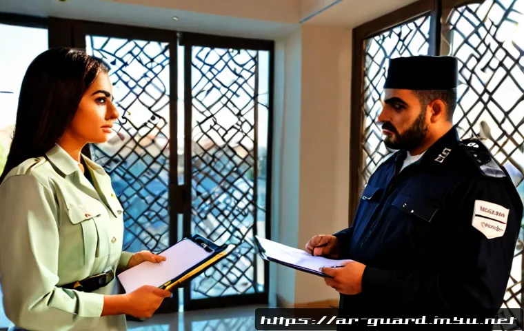 경비지도사 실무 중 자주 묻는 질문 - Photorealistic security supervisor in a neat modest uniform consulting with a concerned facility man...
