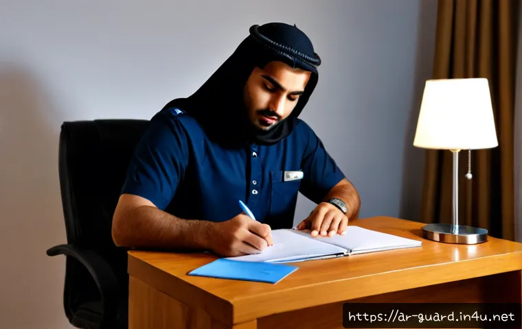 경비지도사 필기 공부 비법 - Photorealistic study scene for a security management certification written exam, focused Arab male c...